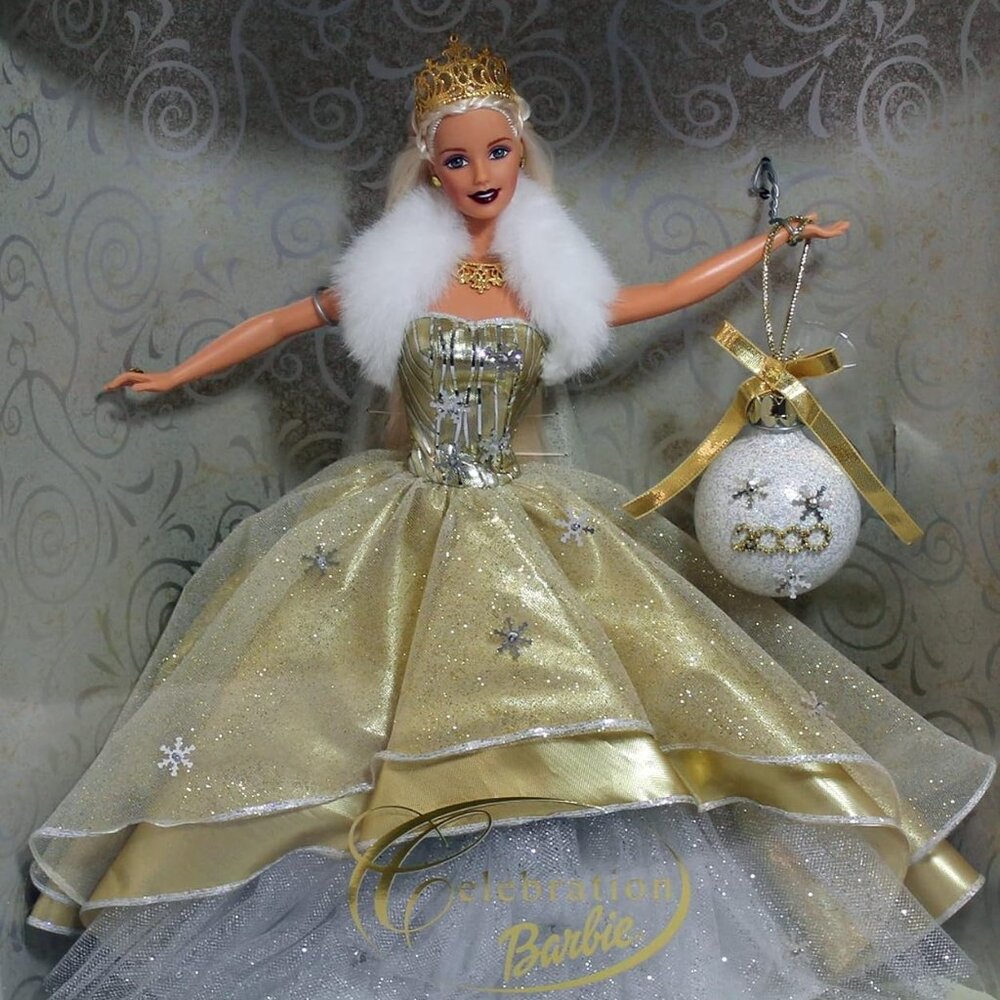 2000 Edition Celebration Barbie Doll Gold & White Glitter Ball Gown